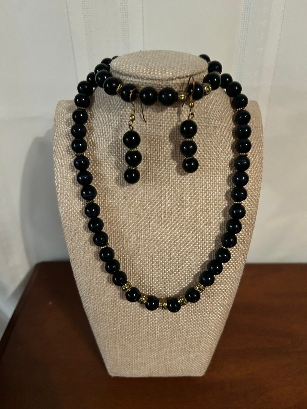 Vintage Blue Black Cat Eye Jewelry Set 3 Pc Necklace Earrings Bracelet 18"